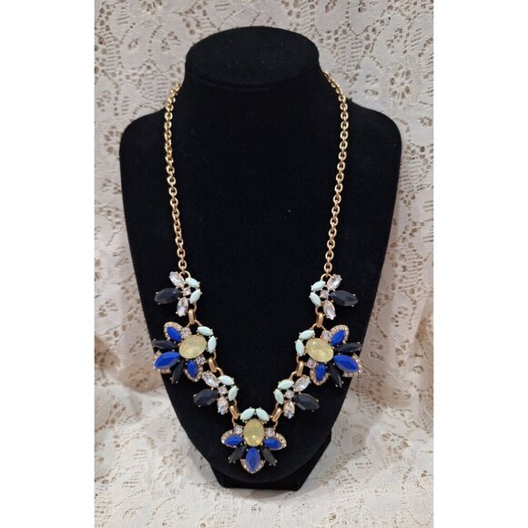 J. Crew Gold-Tone Floral Statement Necklace With Blue, Yellow & Clear Accents - Picture 1 of 6